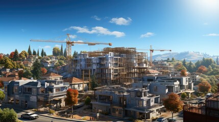 Naklejka premium Construction site with tower crane and excavator Residential building construction