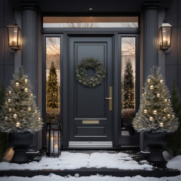 Main Door To The Luxury House With Christmas Decoration, Beautiful Festive Entrance, Modern And Elegant Door, Winter Time, Mockup