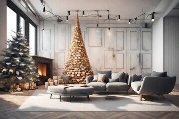 Modern interior of living room. Creative Christmas tree, contemporary fireplace and large gray armchair in loft interior design apartment