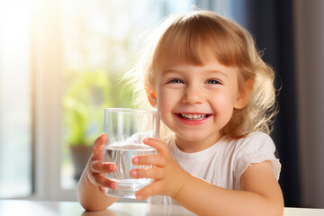 Smiling Child Holding Glass of Water, Bright Background