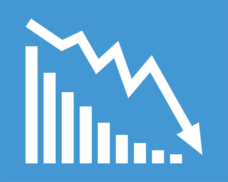 White arrow going down stock icon on blue background. Decrease, Bankruptcy, financial market crash icon for your web site design, logo, app, UI. graph chart downtrend symbol.chart going down sign.