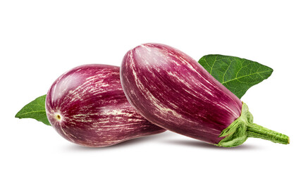 Eggplants with leaves isolated on white background with clipping path