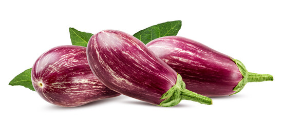 Eggplants with leaves isolated on white background with clipping path