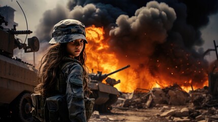 Girl in a war zone. tension and resilience of people living in conflict zones, highlighting the impact of geopolitical events on their daily lives.