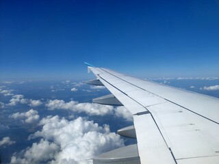 Fototapeta na wymiar Flügel eines Flugzeugs mit blauem Himmel und Wolken