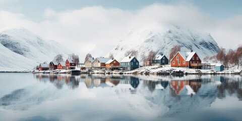 Winter landscape of Scandinavian-style houses by the lake, minimalism, image for a postcard or poster. - obrazy, fototapety, plakaty