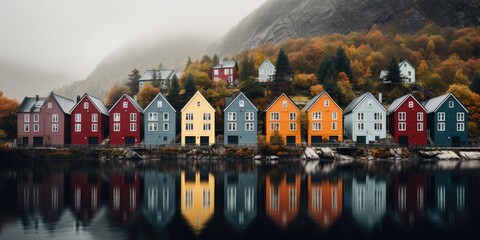 Yellow, red houses by the lake, Scandinavian style. Image for poster. Generative AI - obrazy, fototapety, plakaty