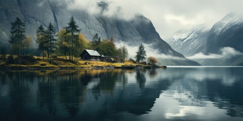 lake houses, scandinavian style. Minimalism. Image for poster. Generative AI