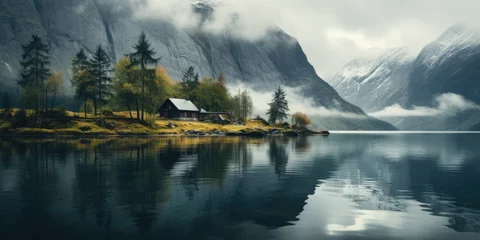 Foto auf Acrylglas Nordeuropa lake houses, scandinavian style. Minimalism. Image for poster. Generative AI