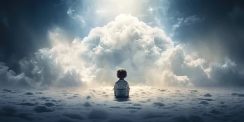 Fototapeten A child on cloud with his back to the camera. The topic is the loss of a child. Generative AI © 22_monkeyzzz