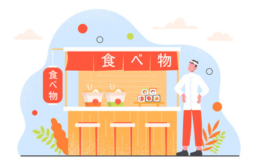 Fototapeta na wymiar Man near sushi shop concept. Young guy in traditional asian clothes. Rolls and seafood with rice. Fast and takeaway food. Poster or banner for website. Cartoon flat vector illustration
