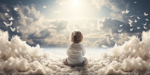 A child on cloud with his back to the camera. The topic is the loss of a child. Generative AI - obrazy, fototapety, plakaty