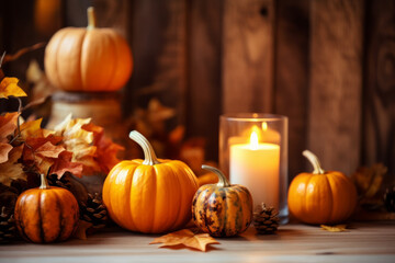 Autumn table decoration with pumpkins for halloween and thanksgiving