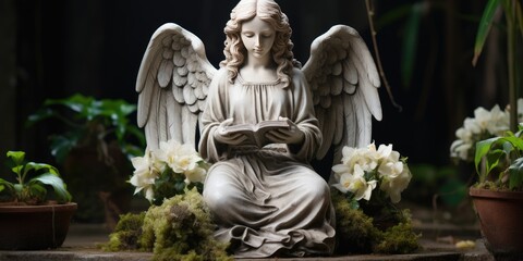 stone statue made of white stone of a sad angel. Generative AI