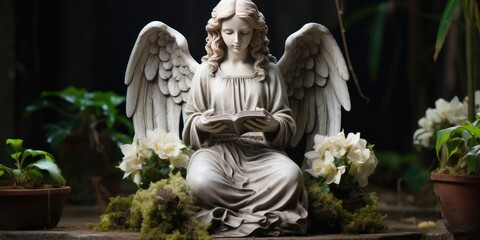Fototapeta premium stone statue made of white stone of a sad angel. Generative AI