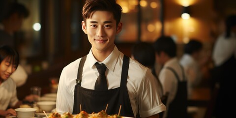 Happy male waiter in an Asian restaurant close-up - obrazy, fototapety, plakaty
