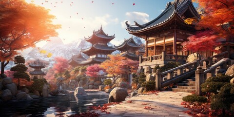Beautiful autumn landscape Chinese village. Chinese temple in the mountains. Generative AI