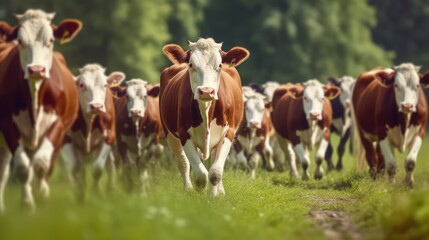 Obraz premium Cows being herded in a green field with a blurred background