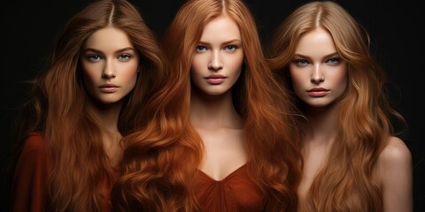 Three young girls with long hair. Topic: Beautiful and healthy hair. Generative AI
