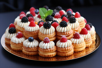 A delightful platter of bite-sized vegan desserts, including mini tarts, cookies, and sweet pastries, arranged in an appealing pattern, offering a variety of flavors and textures for a satisfying swee