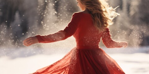 blond woman in dancing in snow wearing a red dress