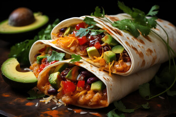 A festive table set with a variety of vegan Mexican dishes, including tacos, enchiladas, and guacamole, capturing the vibrant flavors and colors of vegan Mexican cuisine | ACTORS: Vegan Mexican Fiesta