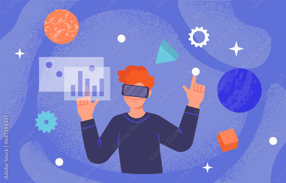 Wall mural Man with virtual reality concept. Young guy in vr glasses. Metaverse and cyberspace. Teaching and working with statistics. Infographics and data visualization. Cartoon flat vector illustration