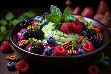 A vibrant smoothie bowl topped with fresh fruits, granola, and coconut flakes, showcasing the health and beauty of vegan smoothie bowls as a nutritious breakfast or snack option | ACTORS: Vegan Smooth