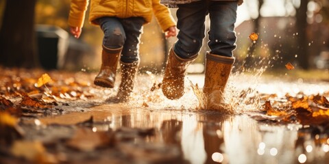 Little children run through puddles on sunny autumn day. Generative AI