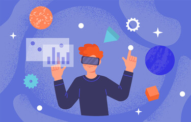 Man with virtual reality concept. Young guy in vr glasses. Metaverse and cyberspace. Teaching and working with statistics. Infographics and data visualization. Cartoon flat vector illustration