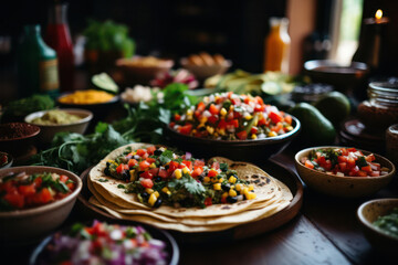 A bustling street food market with stalls offering a range of delicious and flavorful vegan street food options, such as falafel wraps, vegan kebabs, and spicy curries, attracting food enthusiasts wit - obrazy, fototapety, plakaty