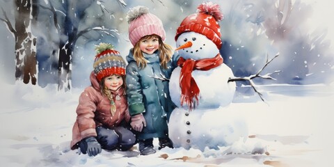 Children are building a snowman on the street. Watercolor. Generative AI