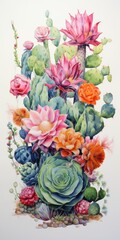 Vertical drawing of flowering cacti and succulents on white background. Watercolor. Generative AI