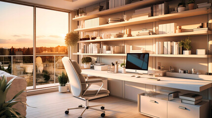 Home offices with white desks, ergonomic chairs, and open shelving