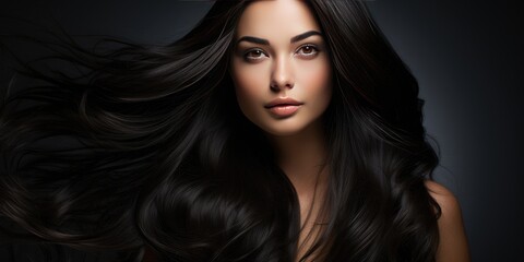 young brunette girl has beautiful and healthy hair. Dark background. Generative AI