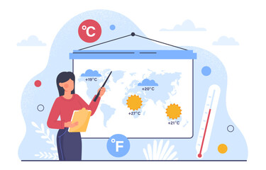 Woman with weather forecast concept. Young girl with pointer near map with sun and rain. Meteorologist at workplace with thermometer. Celsius and fahrenheit. Cartoon flat vector illustration