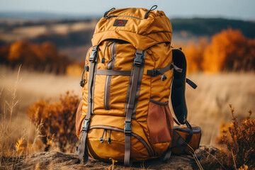 A backpack placed on the ground amidst a lush green meadow, with a winding trail leading into the distant mountains, capturing the essence of outdoor exploration and the anticipation of embarking on a