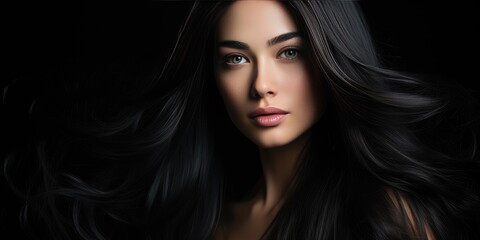 Fototapeta premium young brunette girl has beautiful and healthy hair. Place for text. Generative AI