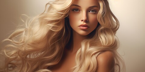 Light background. A young blonde girl has beautiful and healthy hair. Generative AI