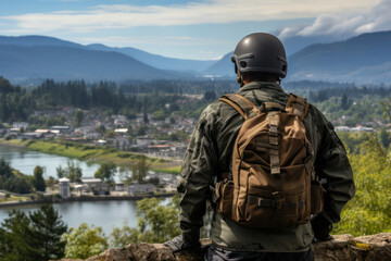A backpack placed on the ground at the trailhead of a thrilling mountain biking trail, with rugged peaks and lush forests in the background, signaling the start of an adrenaline-pumping ride through s