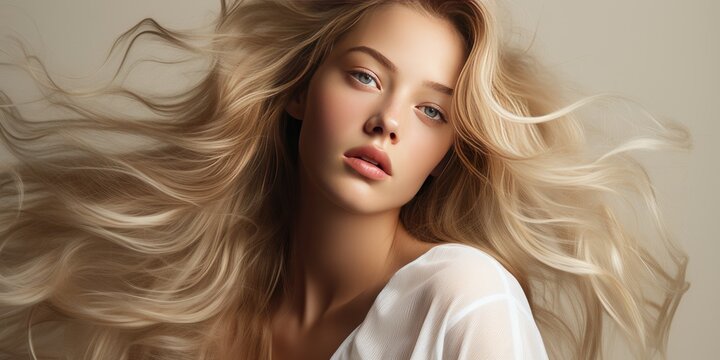 young beautiful Bondinka woman on light background., hair advertising themes. Generative AI