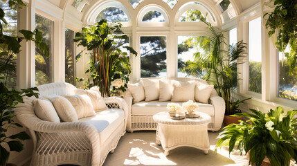 Sunrooms filled with white wicker furniture and sheer curtains - obrazy, fototapety, plakaty