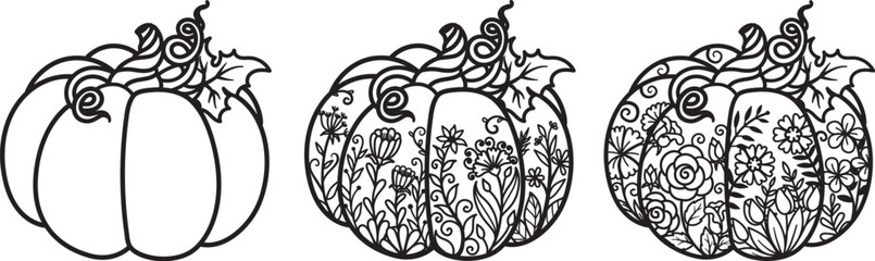 3 styles of pumpkins for coloring page, engraving, t shirt design, laser cut and so on. Halloween, thanks giving, autumn, fall concept. Vector illustration. - obrazy, fototapety, plakaty