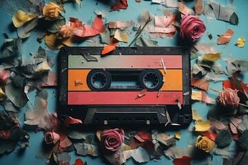 Retro cassette tape used in the 80s and 90s for listening to music in tape players - obrazy, fototapety, plakaty