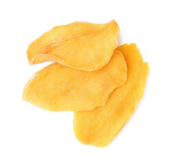 Slices of tasty dried mango on white background