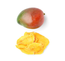 Slices of tasty dried mango and ripe fruit on white background