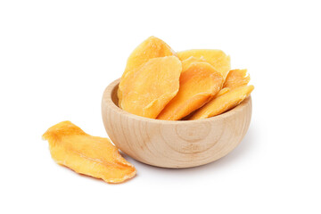 Bowl with slices of tasty dried mango on white background