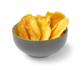 Bowl with slices of tasty dried mango on white background