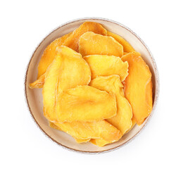 Bowl with slices of tasty dried mango on white background