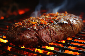 A backyard setup with a grill, utensils, and marinated steaks ready to be cooked to perfection, promising a flavorful and satisfying meal | ACTORS: Backyard Steak BBQ | LOCATION TYPE: Outdoor Kitchen